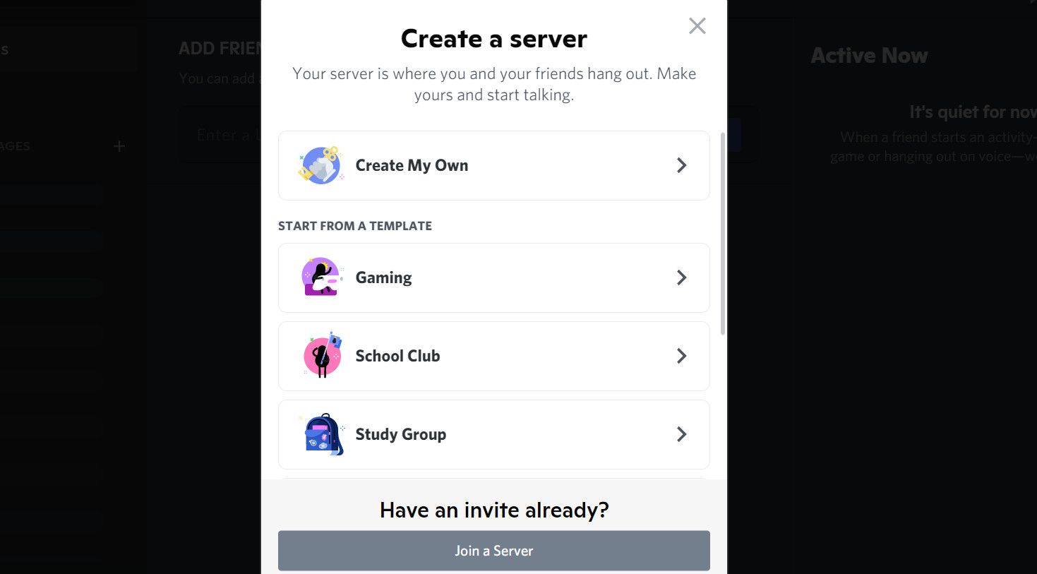 Выбор 'Create My Own' в Discord