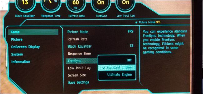Блок управления меню монитора с пунктами настройки режима FreeSync