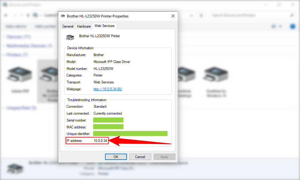 Поле с IP‑адресом в свойствах принтера во вкладке «Веб-службы»