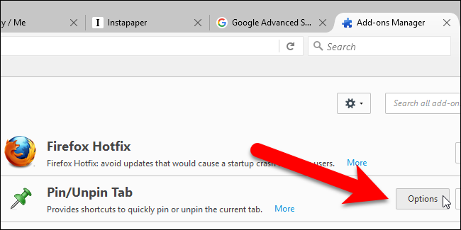 Кнопка 'Параметры' для расширения Pin/Unpin Tab