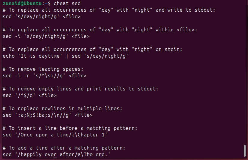 A cheatsheet for the sed command displayed in the Linux terminal.