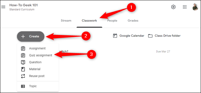 Создание теста в Google Classroom — интерфейс
