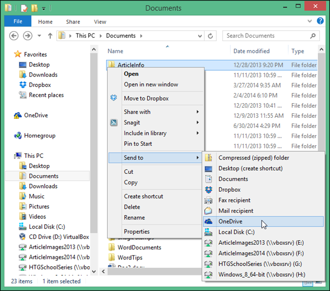 Выбор Отправить → OneDrive из контекстного меню Проводника