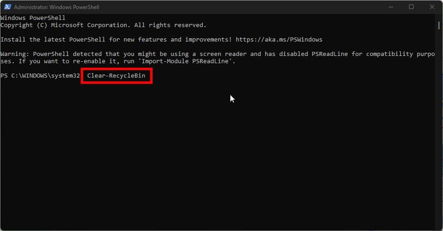 Скриншот: окно PowerShell с командой Clear-RecycleBin