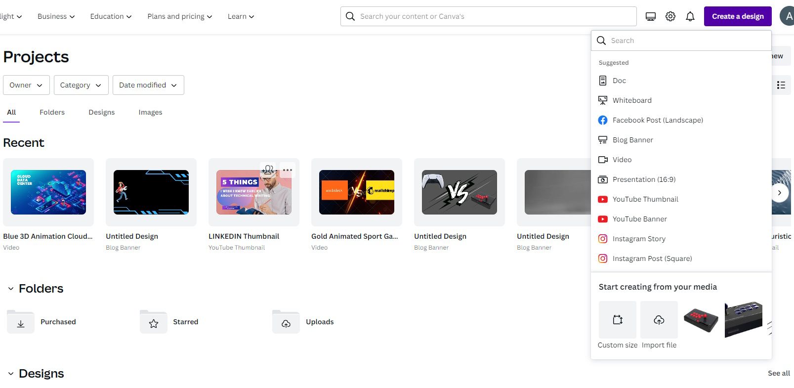 Скриншот меню создания дизайна в Canva