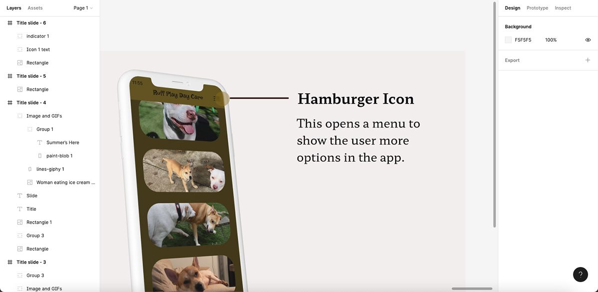 Figma с экраном телефона и описанием частей макета.