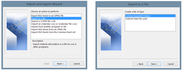 Начало экспорта Outlook