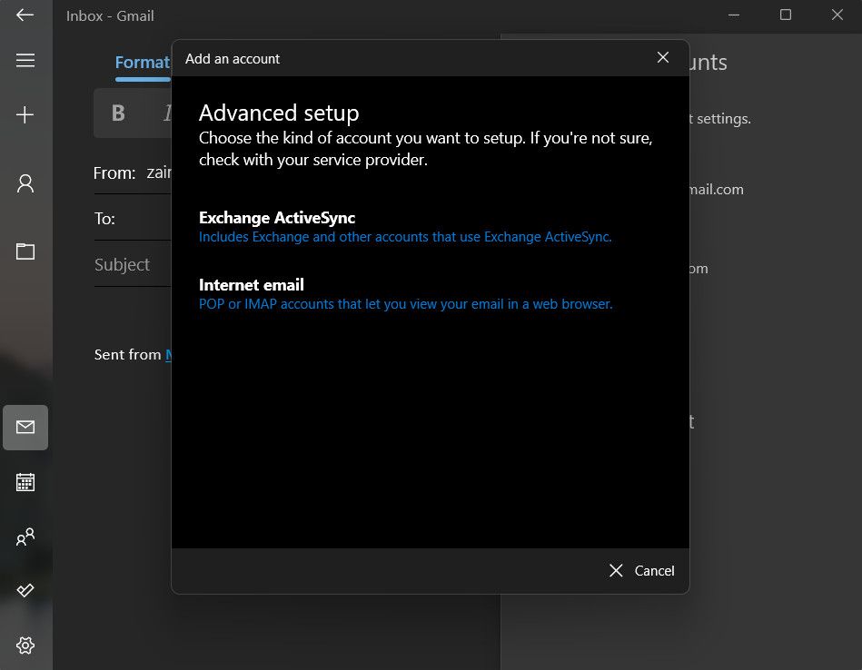 Окно ввода настроек интернет-почты в приложении Почта