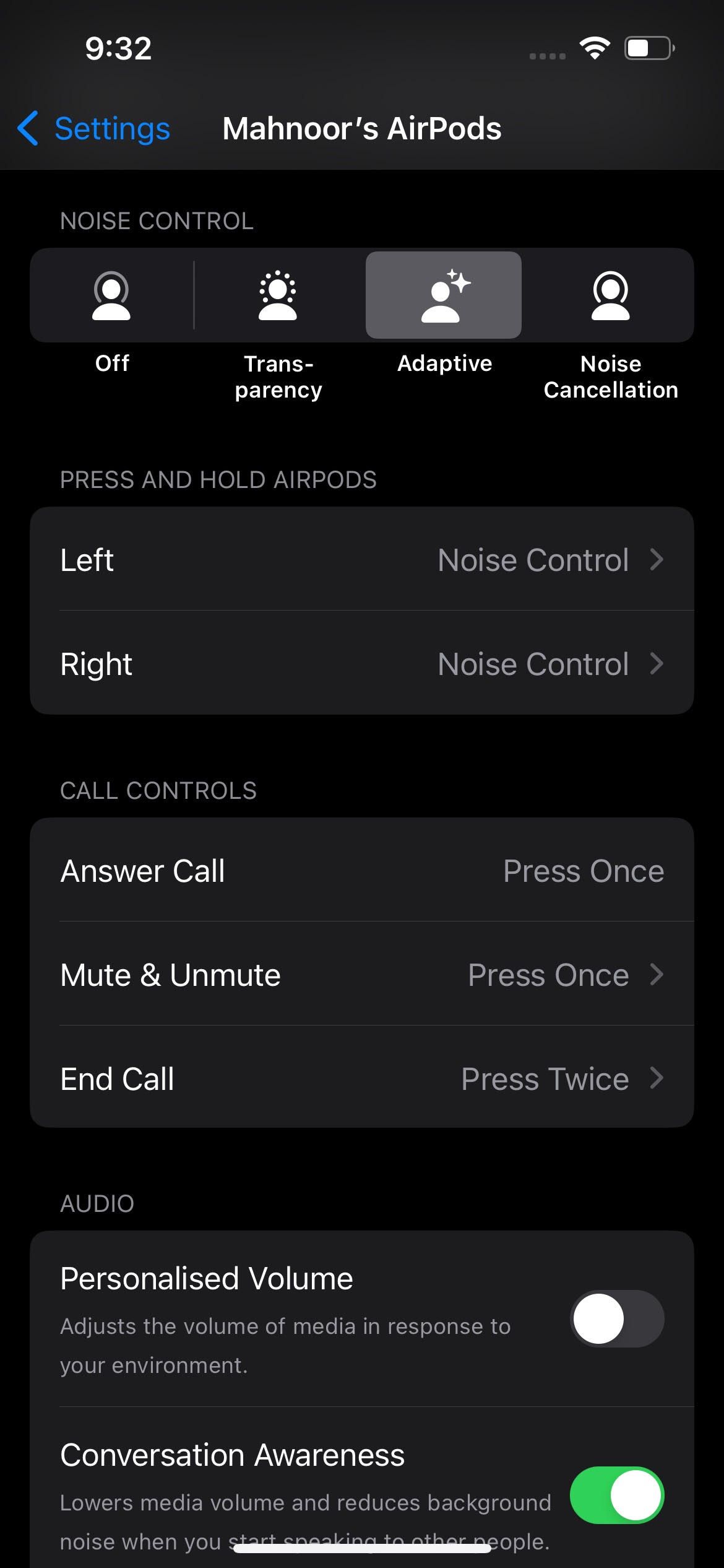 Enabling Adaptive in AirPods settings