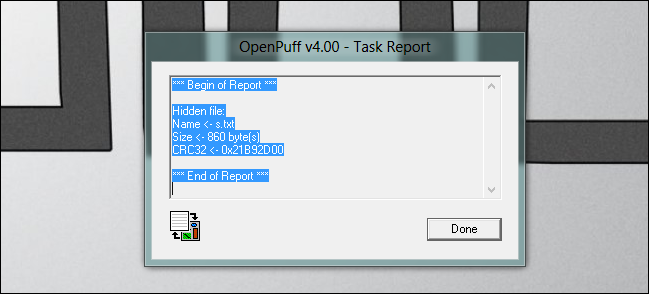 Отчёт OpenPuff с именем извлечённого файла