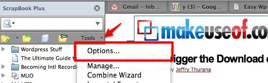 Окно Scrapbook с меню Параметры