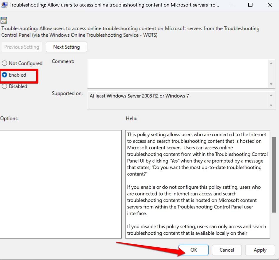 Параметр Scripted Diagnostics установлен в режим Включено