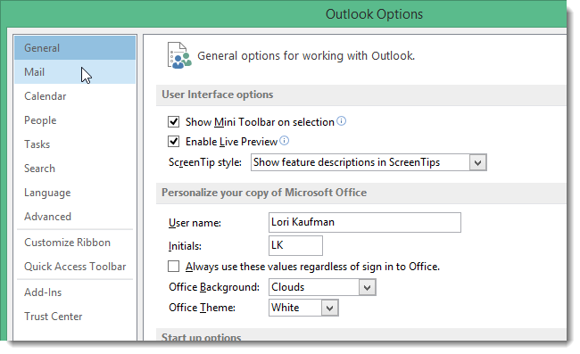 Выбор раздела Почта в параметрах Outlook