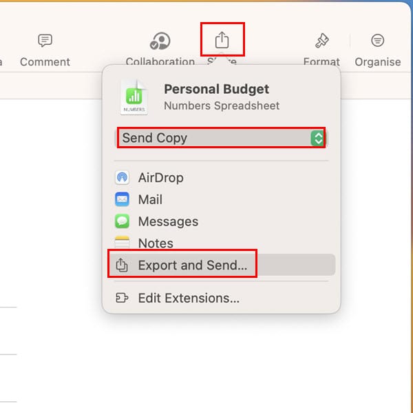 Кнопка 'Поделиться' в Numbers на macOS