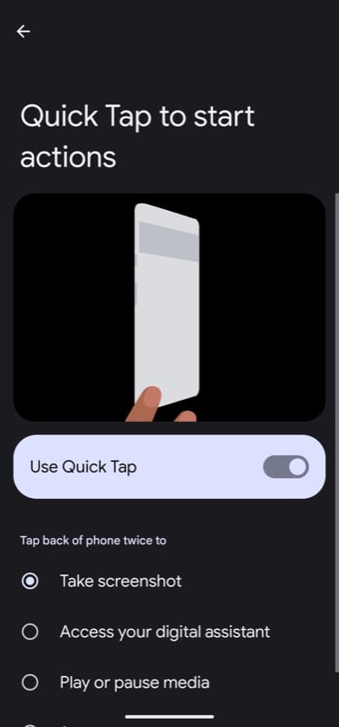действие скриншота для quick tap на pixel