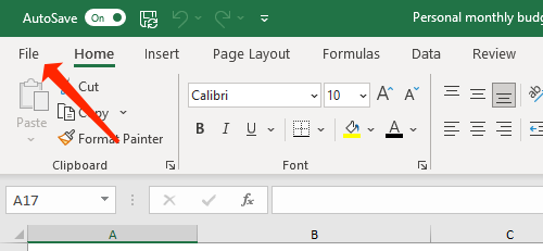Кнопка Файл в Excel