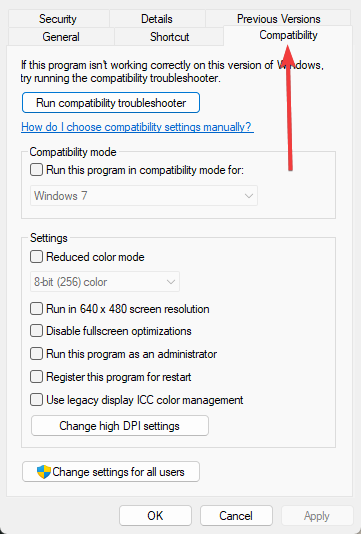 scheda Compatibilità nelle proprietà del file