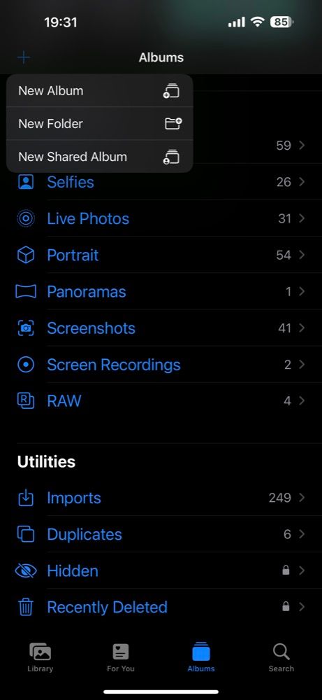 Опции создания нового альбома в iOS