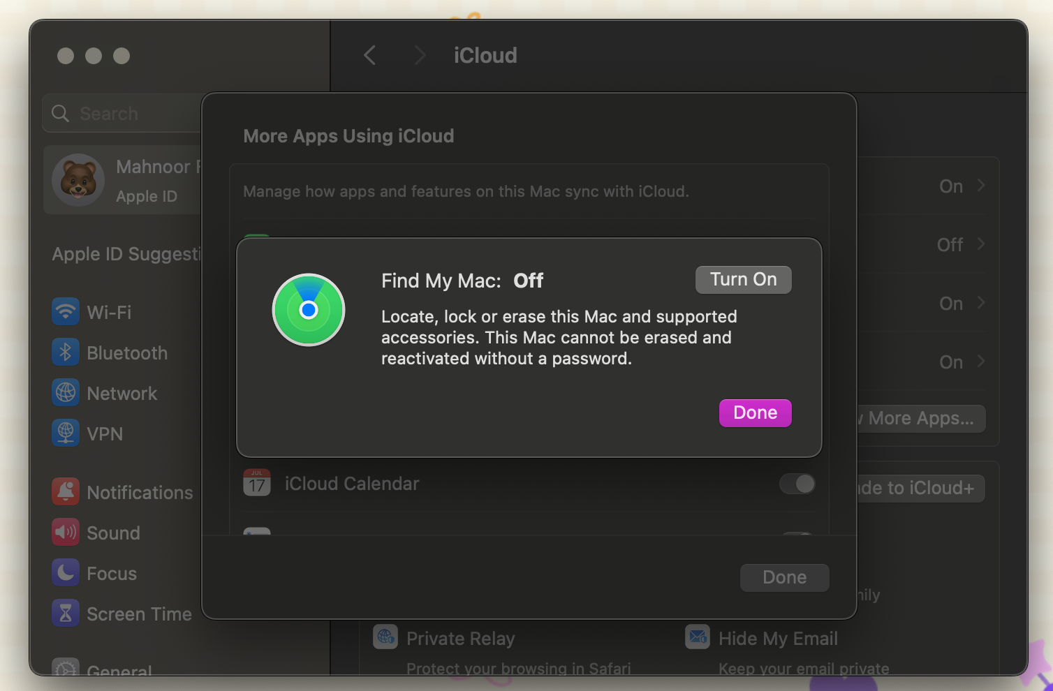 Окно Системных настроек с подсказкой включения Find My Mac