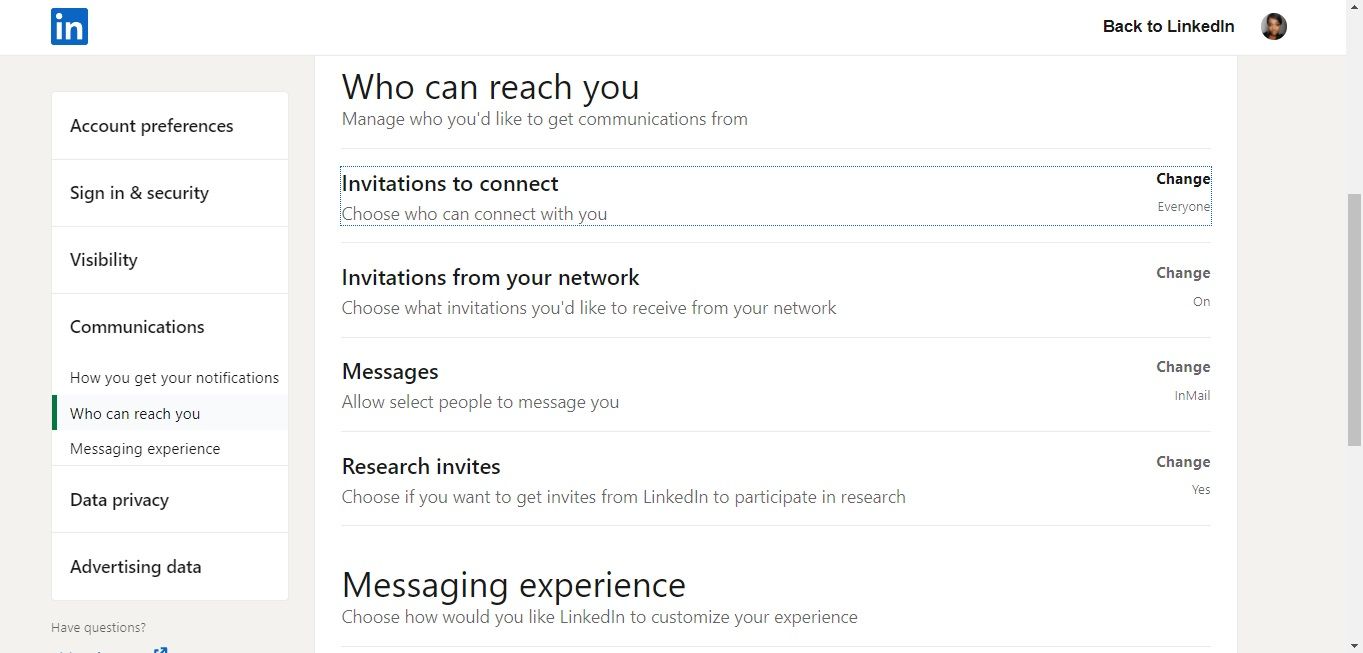 Настройки приглашений на подключение в LinkedIn