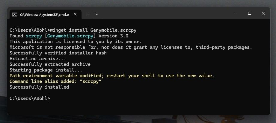 Установка scrcpy через winget в Windows, окно командной строки