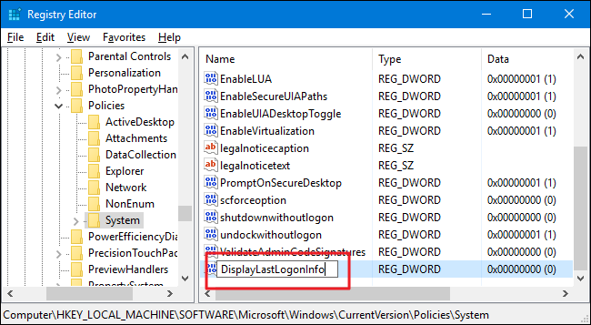 Создание DWORD в разделе System редактора реестра