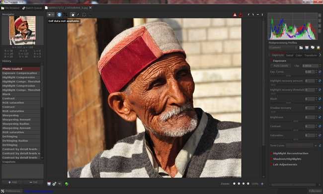 Интерфейс RawTherapee и основные панели