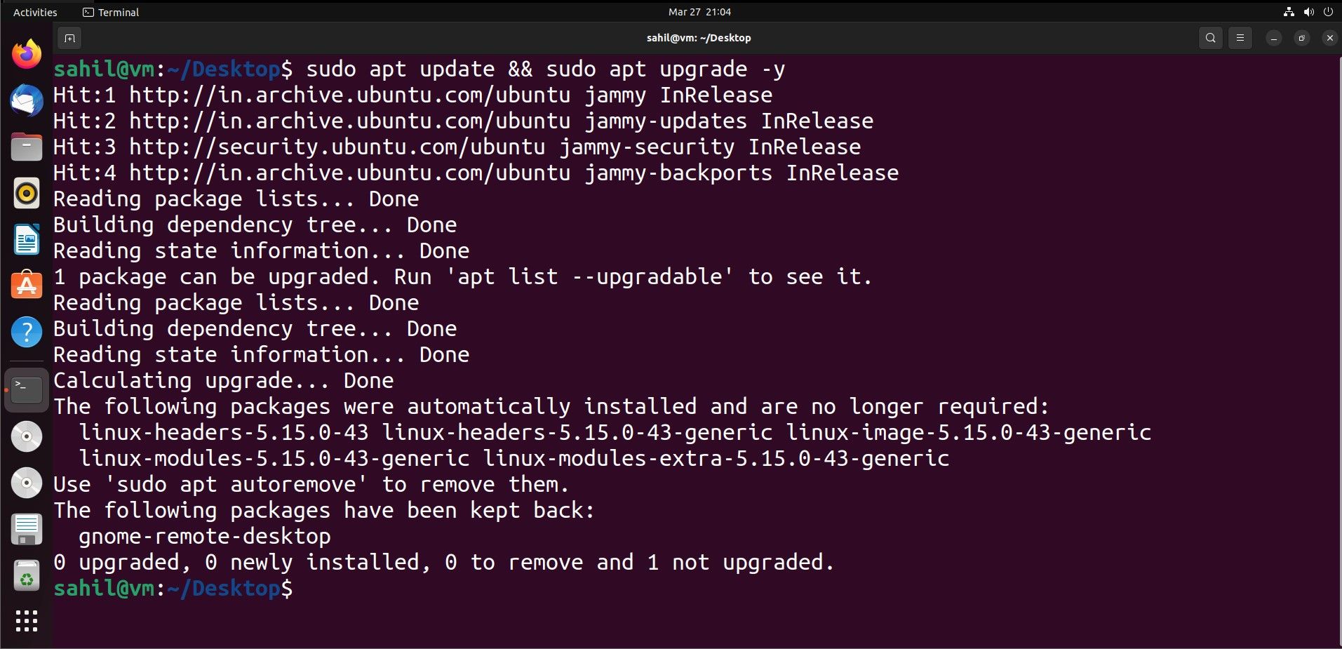 Терминал Ubuntu: команда обновления apt update && apt upgrade