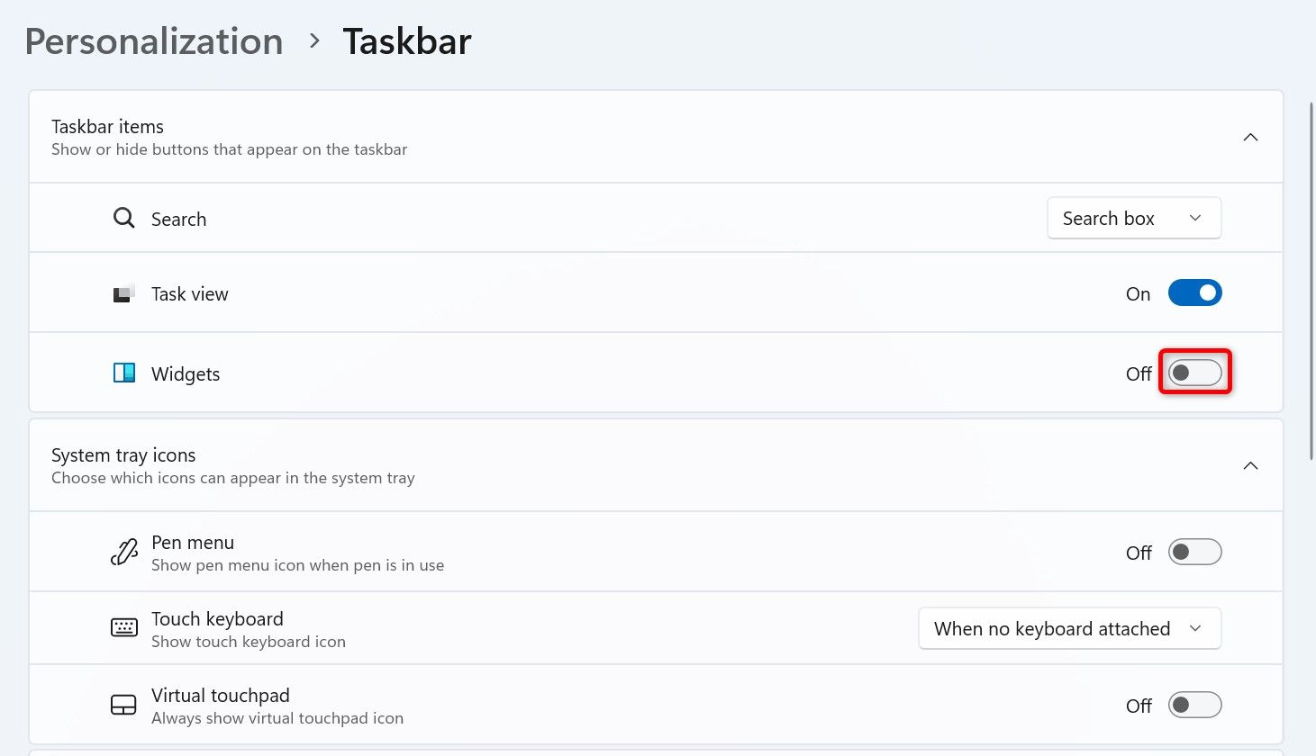 Переключатель «Виджеты» в настройках панели задач выделен.