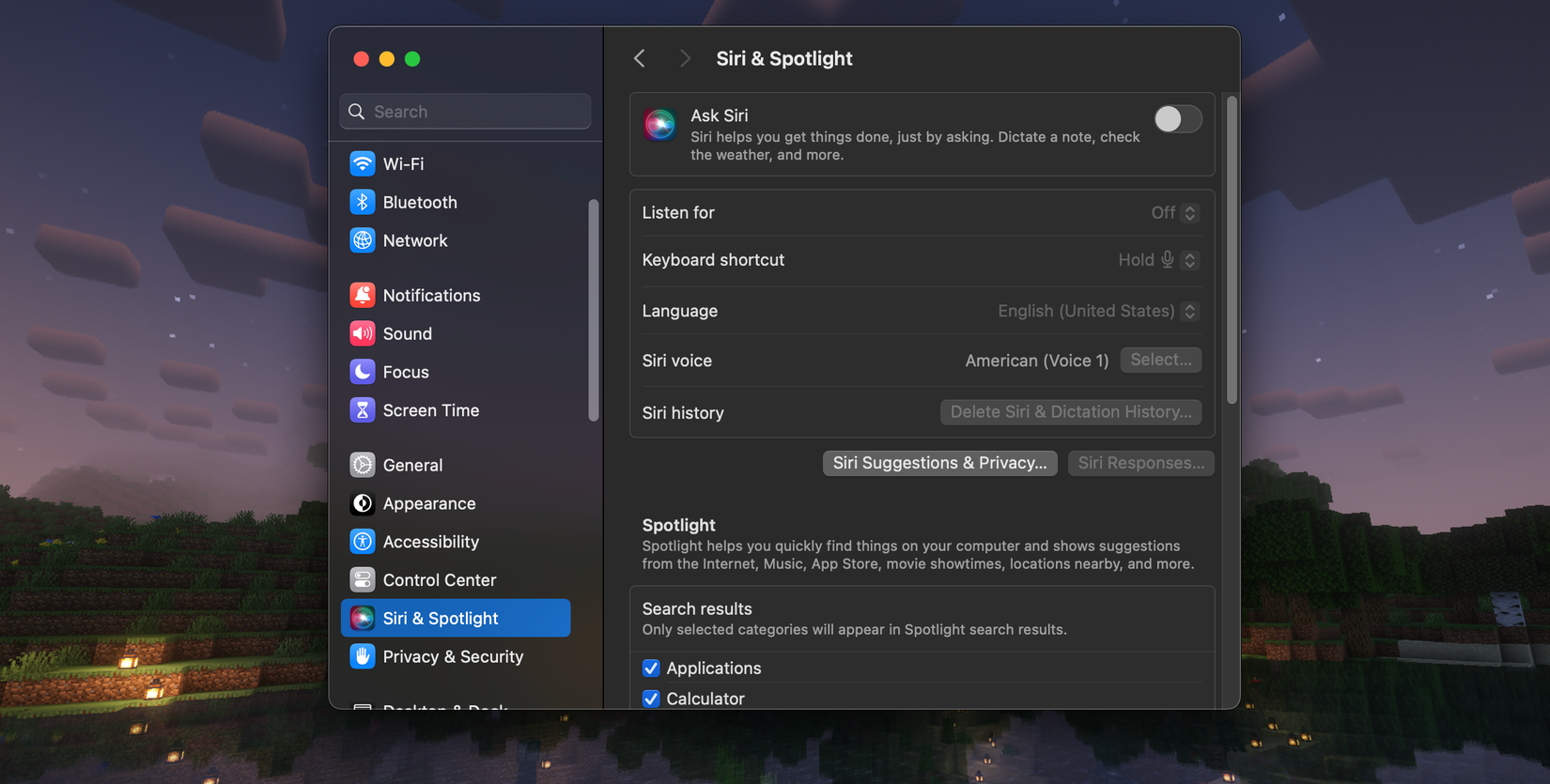 Окно системных настроек macOS с разделом Siri и Spotlight