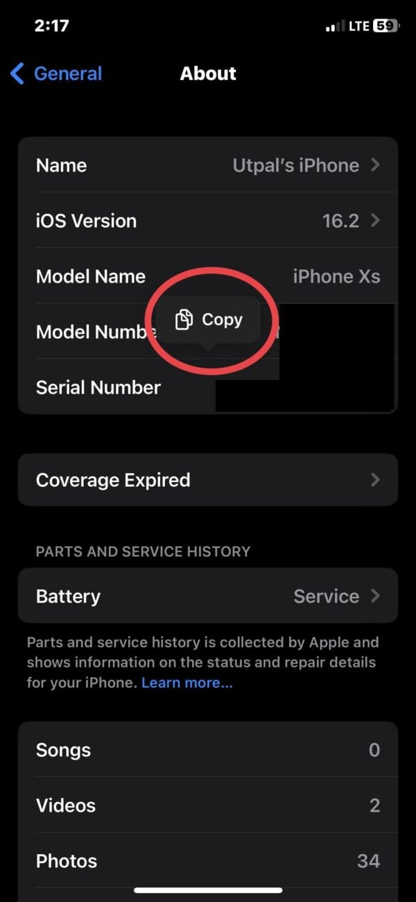 Копирование серийного номера iPhone