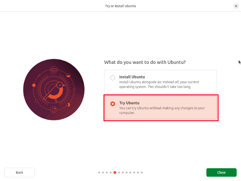 Опция «Try Ubuntu» в Live ISO для запуска рабочего стола без установки.
