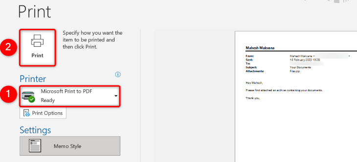 Установите параметры печати и выберите 