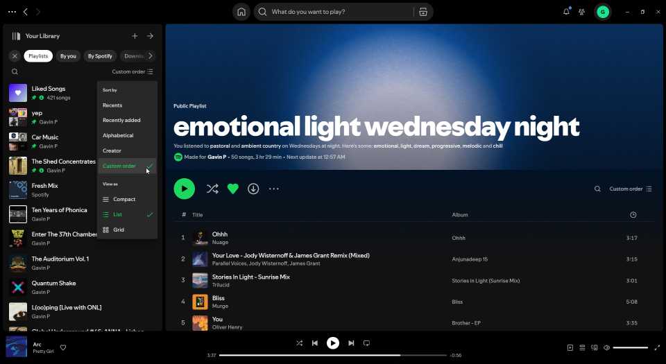 Опция «Custom Order» (пользовательский порядок) в меню Spotify