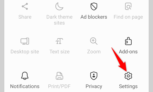 Пункт Настройки в меню браузера Samsung