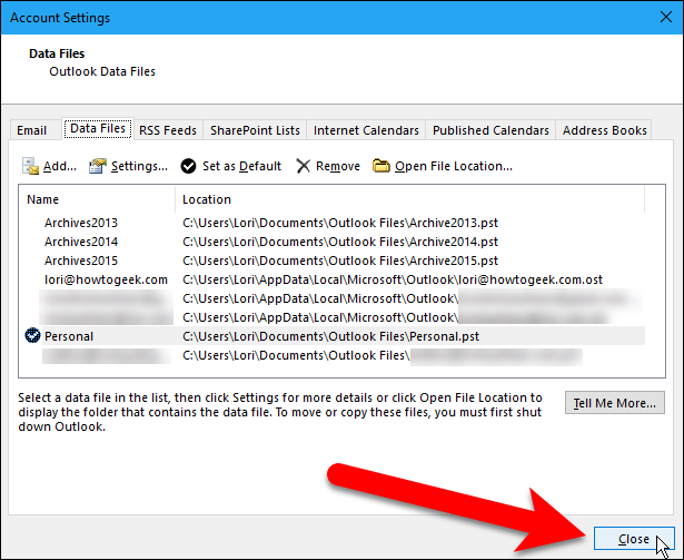 Закрытие диалога настроек аккаунтов Outlook