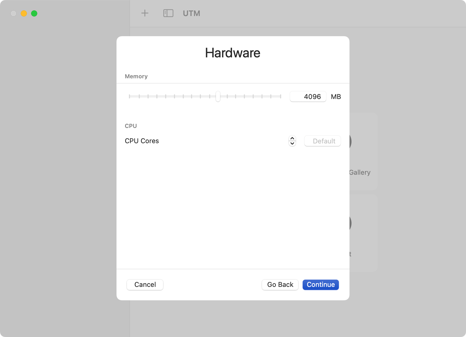 Настройка количества ядер CPU и объёма RAM в UTM для Mac.