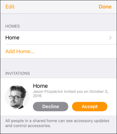 Экран принятия приглашения в HomeKit в приложении «Дом»
