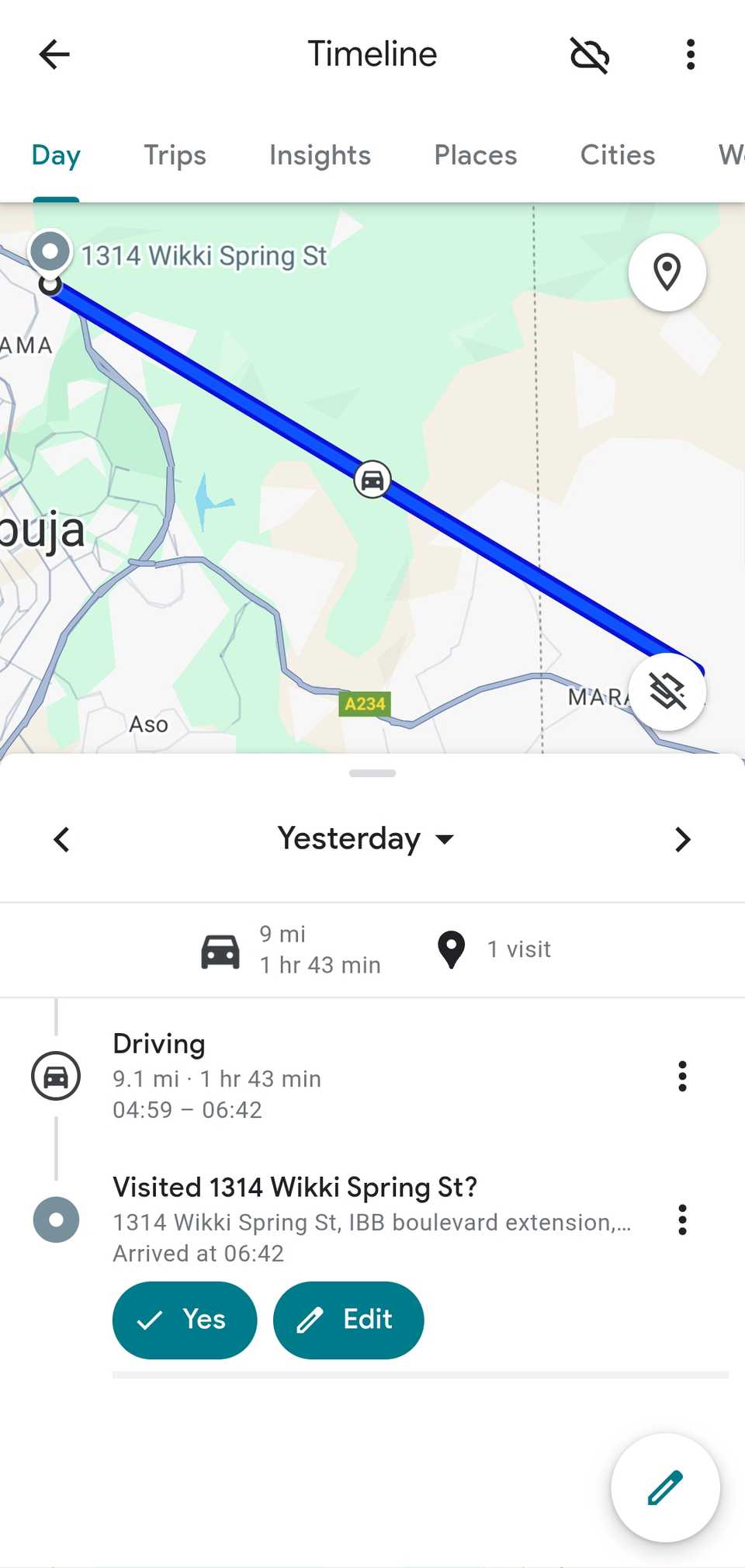Отдельная запись в хронологии Google Maps