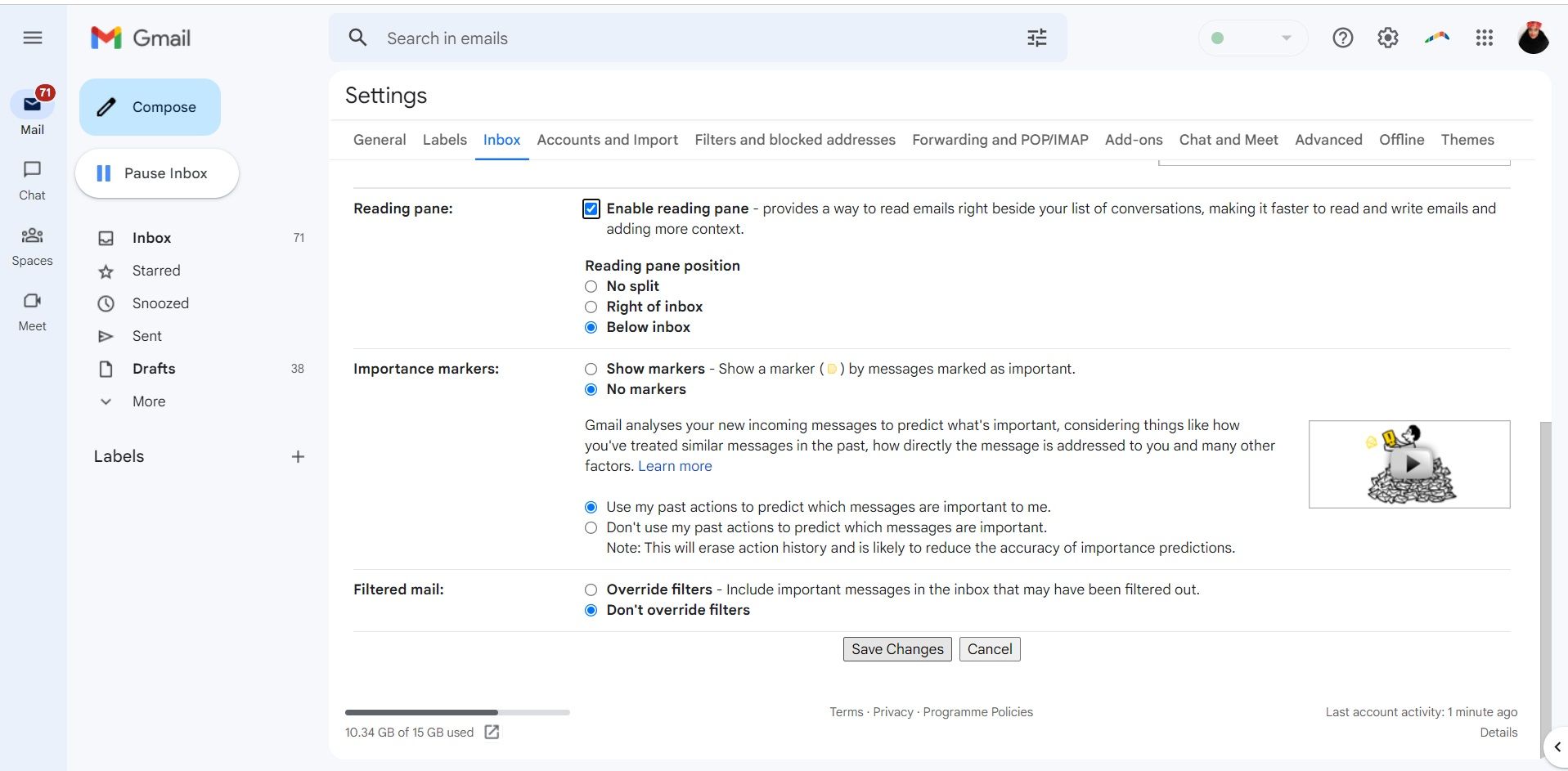 Включение панели чтения в настройках Gmail