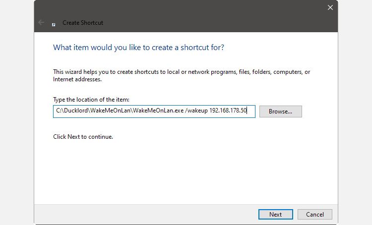 Выбор файла WakeMeOnLan для ярлыка