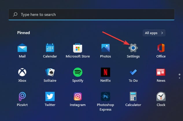 Запуск приложения Настройки из меню Пуск Windows