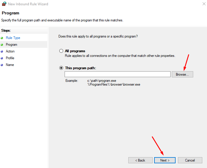 Кнопка Обзор для выбора программы