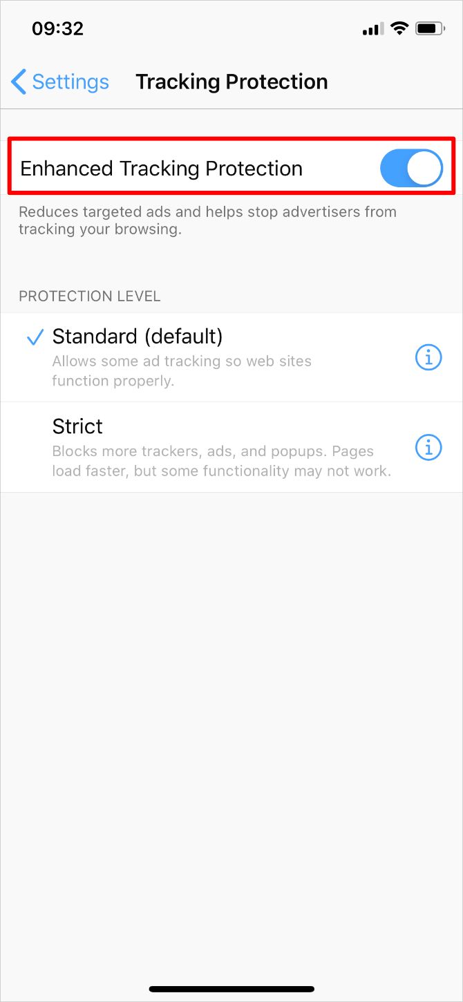 Параметры Защиты от отслеживания в Firefox