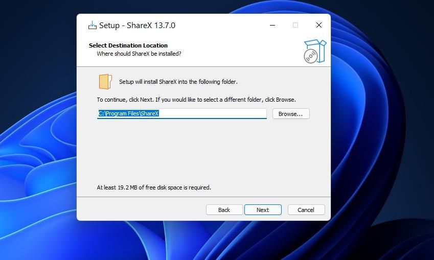 Окно установки ShareX
