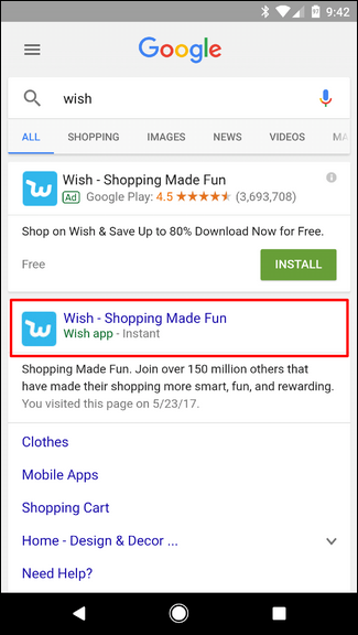 Опция 'Wish app - Instant' в результатах поиска