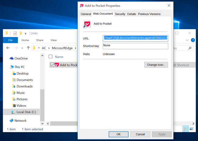 Вставка JavaScript-кода bookmarklet в поле URL свойств