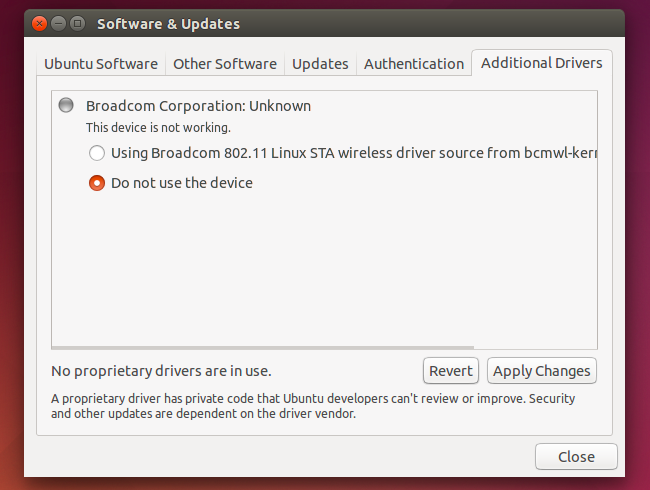 Окно управления проприетарными драйверами в дистрибутиве