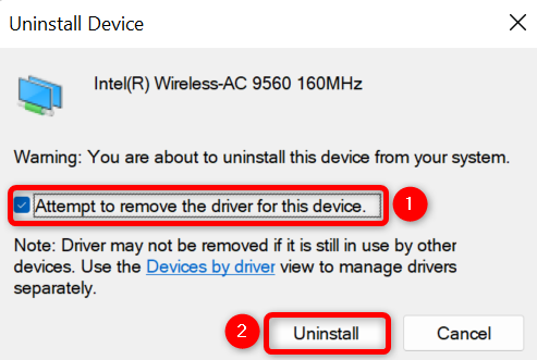 Подтверждение удаления драйвера сетевого адаптера с опцией удаления драйвера