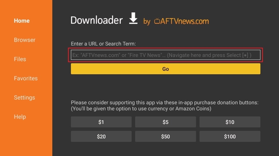 Downloader URL 입력 화면